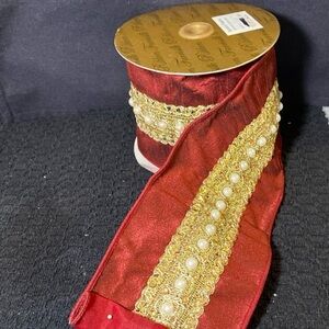 NEW Farrisilk Ribbon Santa’s Pearls Burgundy & Gold Pearl Wired Ribbon 5 yards
